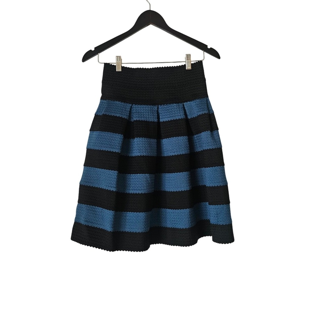 Anthropologie Girls From Savoy Ponte Bell Skirt M/L Blue Black Stripe Retro
